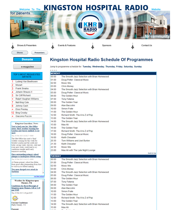screenshot of Kingston Hospital Radio schedule page